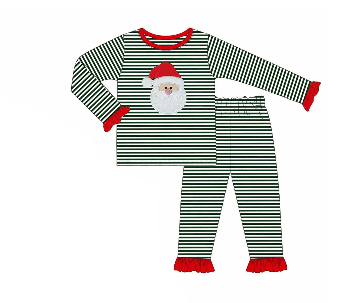 Baby Girls Long Ruffle Sleeves Black Stripes Santa Top Pant Pajamas Set Preorder