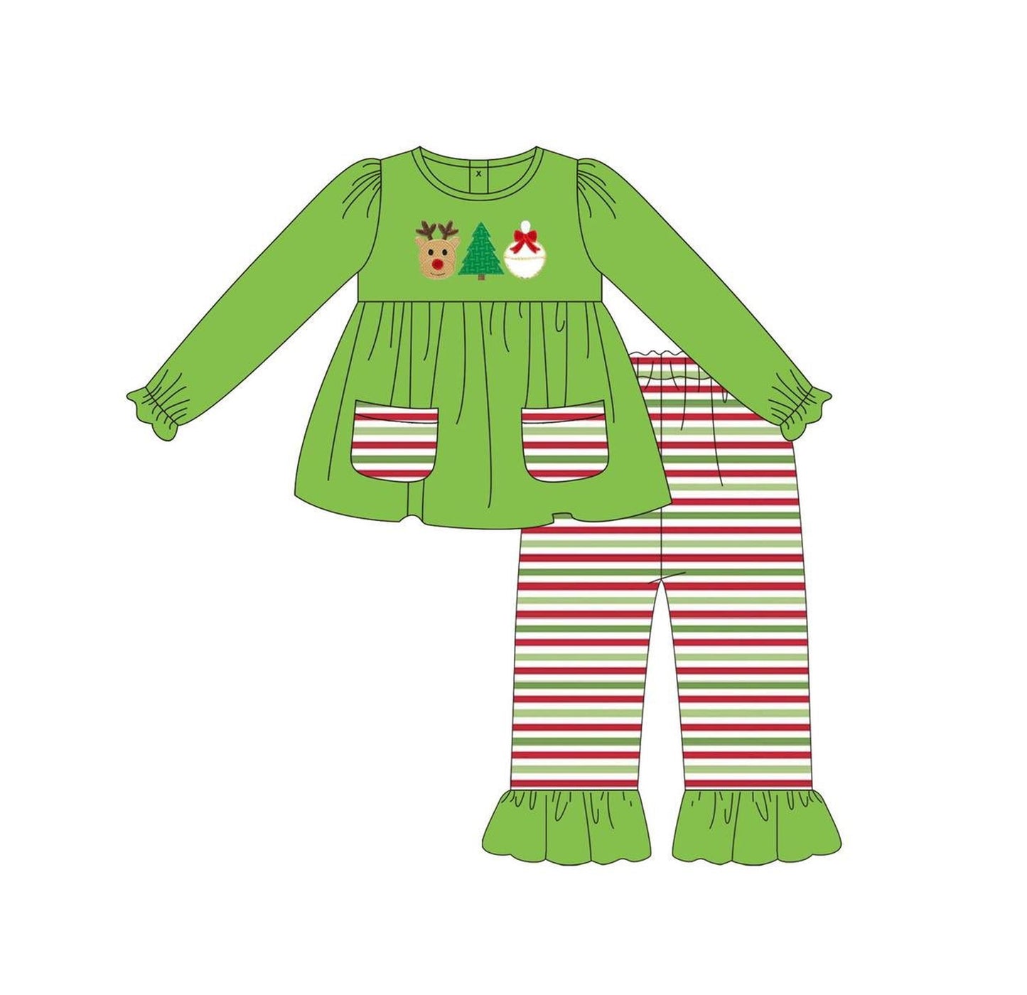 Baby Girls Green Long Ruffle Sleeves Deer Tree Pockets Tunic Stripe Pant Set Preorder
