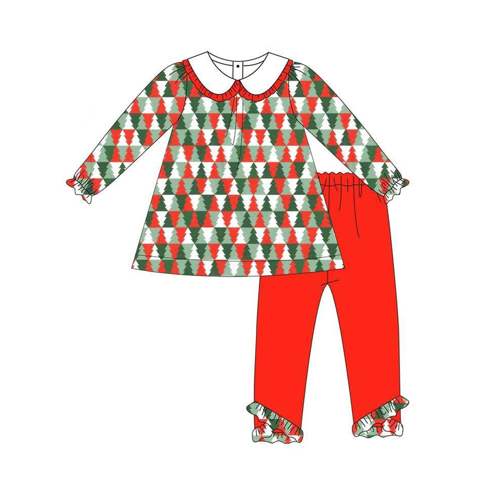 Preorder moq 5 Baby Girls Red Green Long Ruffle Sleeves Trees Plaid Tunic Legging Pant Set