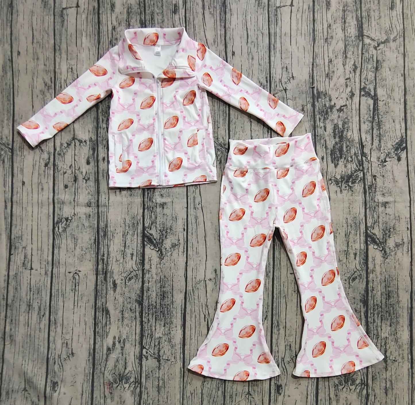 Baby Girls Yoga Pink Bow Footballs Pockets Zipper Top Bell Bottom Pants Sets