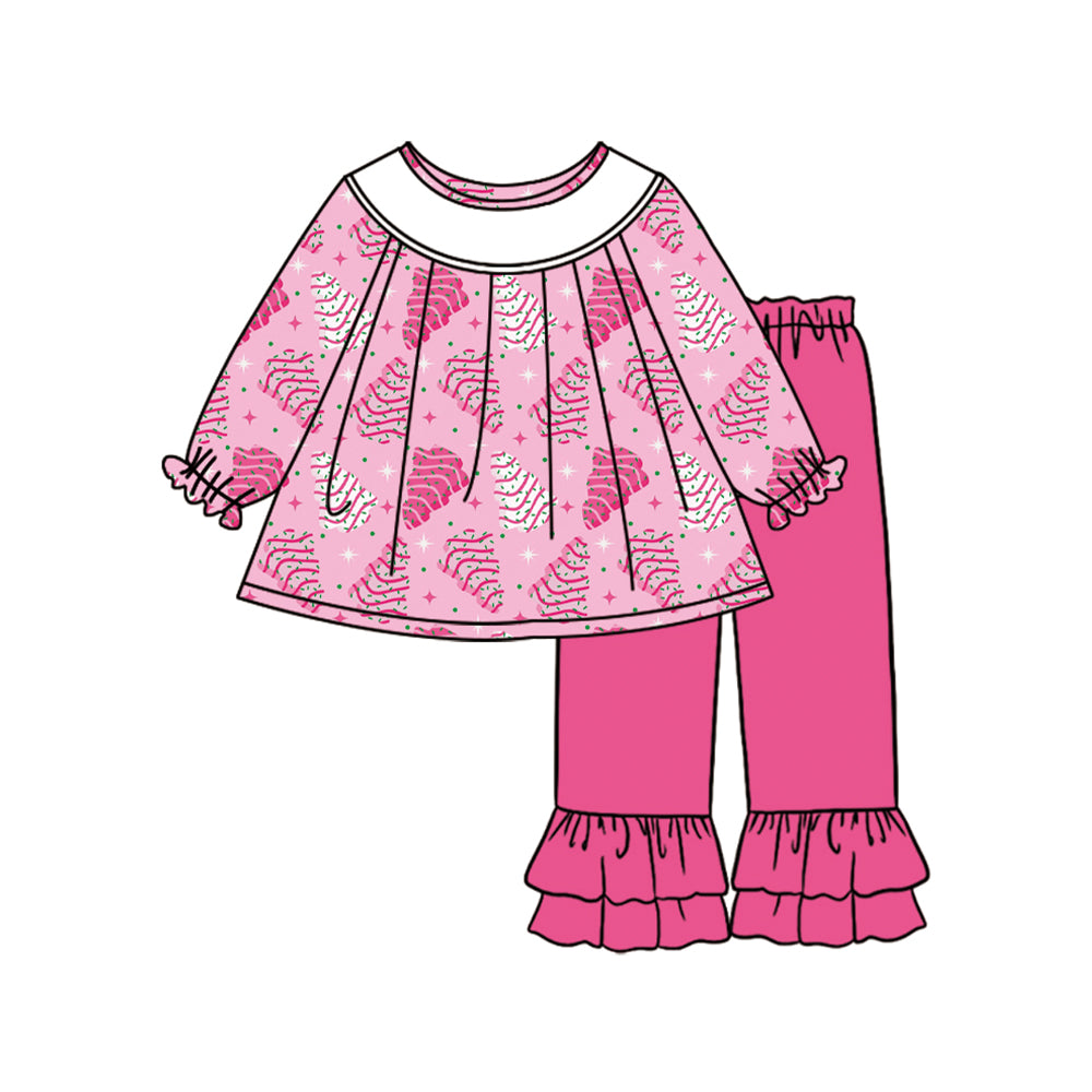 Baby Girls Hot Pink Long Sleeves Stripe Trees Plaid Tunic Ruffle Pants Set Preorder
