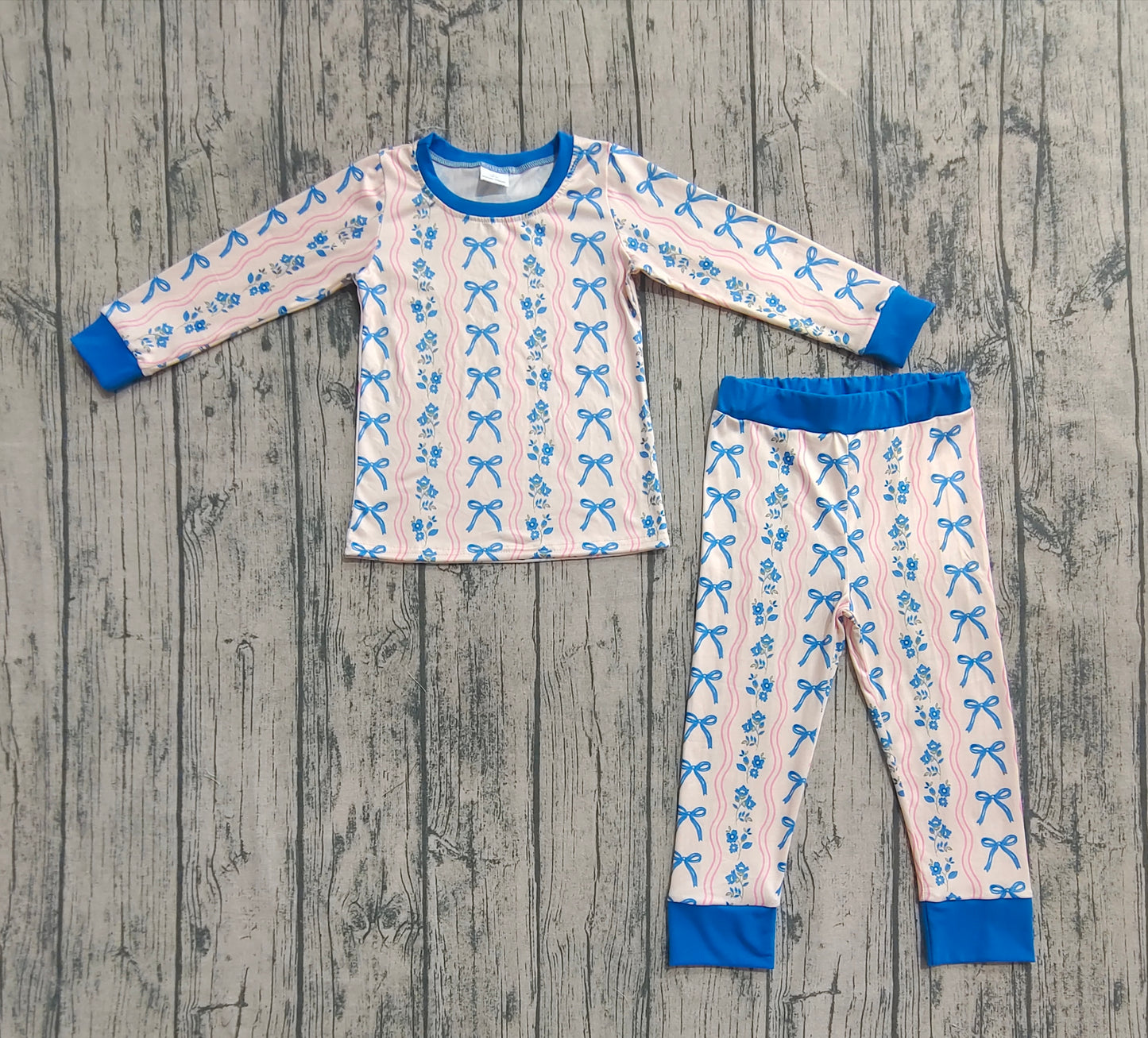 Baby Girls Long Sleeves Blue Bows Flower Stripe Top Pants Pajamas Sets