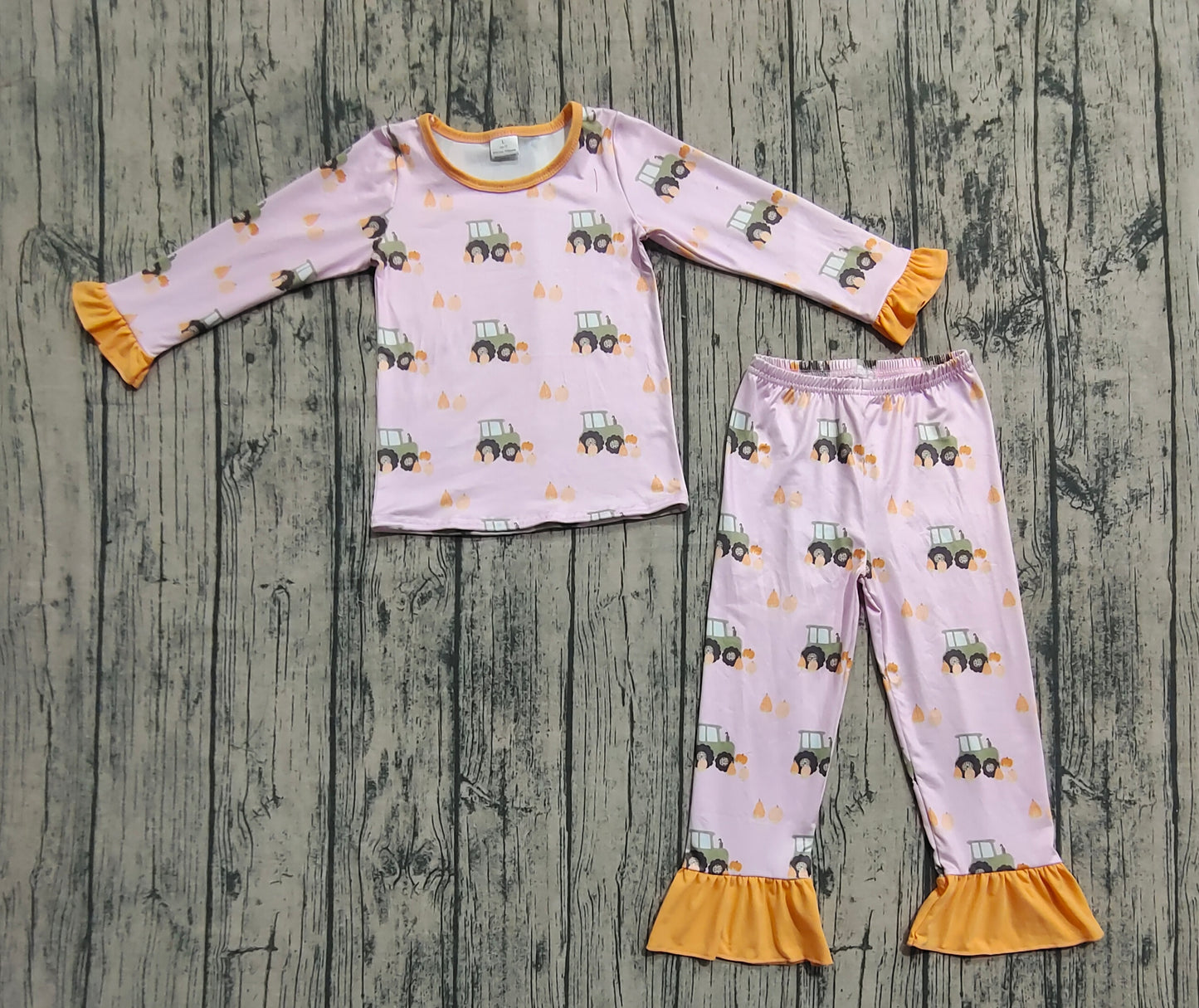 Baby Girls Pink Long Ruffle Sleeves Pumpkins Trucks Top Pant Pajamas Sets