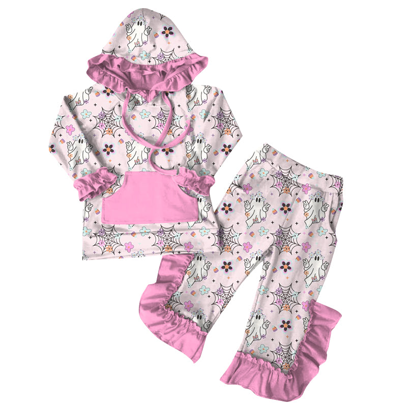 Baby Girls Pink Long Sleeves Ghosts Flowers Pocket Hoodies Ruffle Pants Set