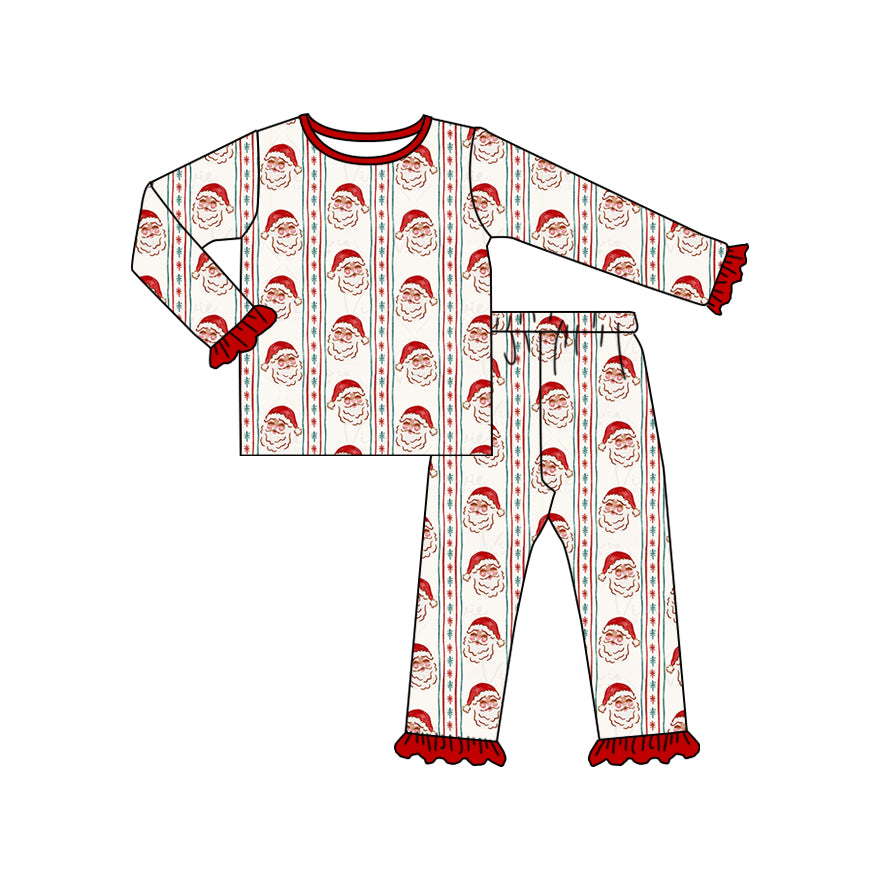 Preorder moq 5 Baby Girls Long Ruffle Sleeves Santa Stripes Top Pant Pajamas Set