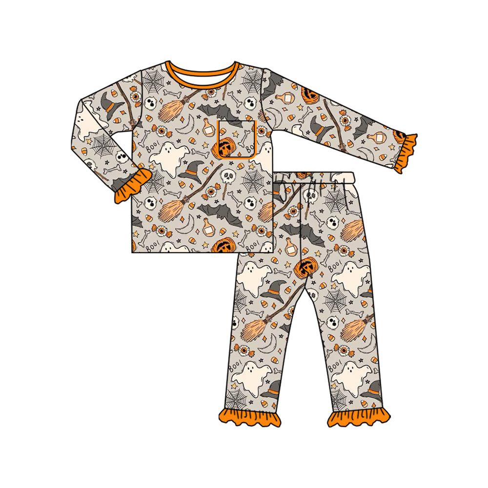 Preorder moq 5 Baby Girls Ghost Pumpkins Top Ruffle Pant Halloween Pajamas Set