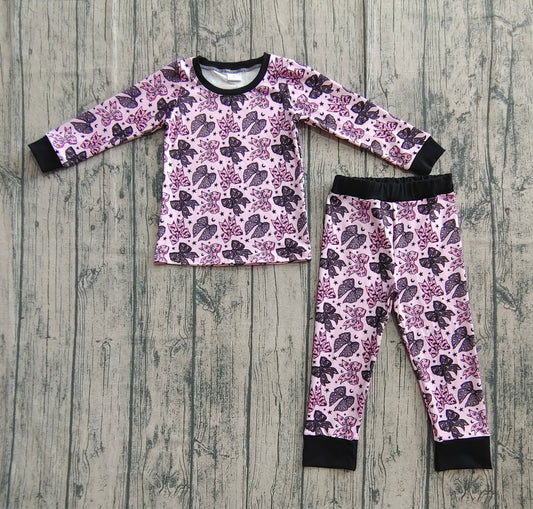 Baby Girls Long Sleeves Black Pink Bows Stars Top Pant Pajamas Sets