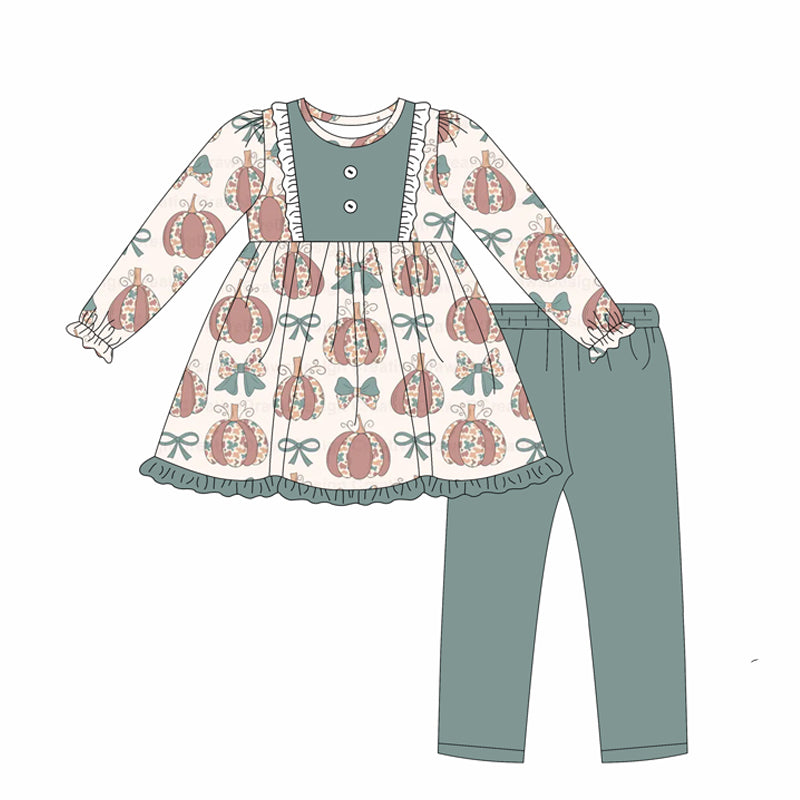 Baby Girls Long Ruffle Sleeves Floral Pumpkins Tunic Legging Pant Set Preorder