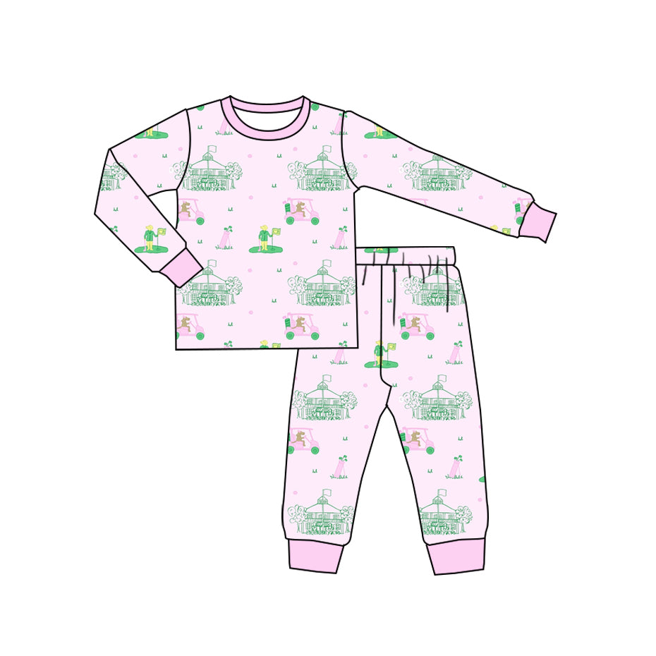 Baby Girls Pink Long Sleeves Dogs Golf Top Pant Pajamas Set Preorder