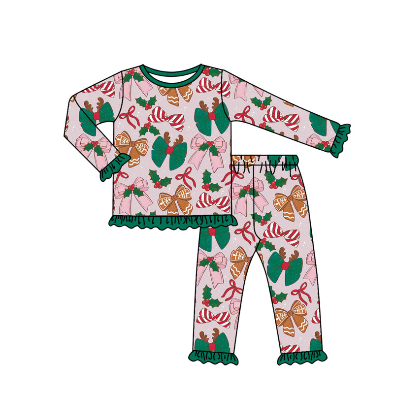 Baby Girls Long Ruffle Sleeves Colorful Bows Top Pant Pajamas Set Preorder