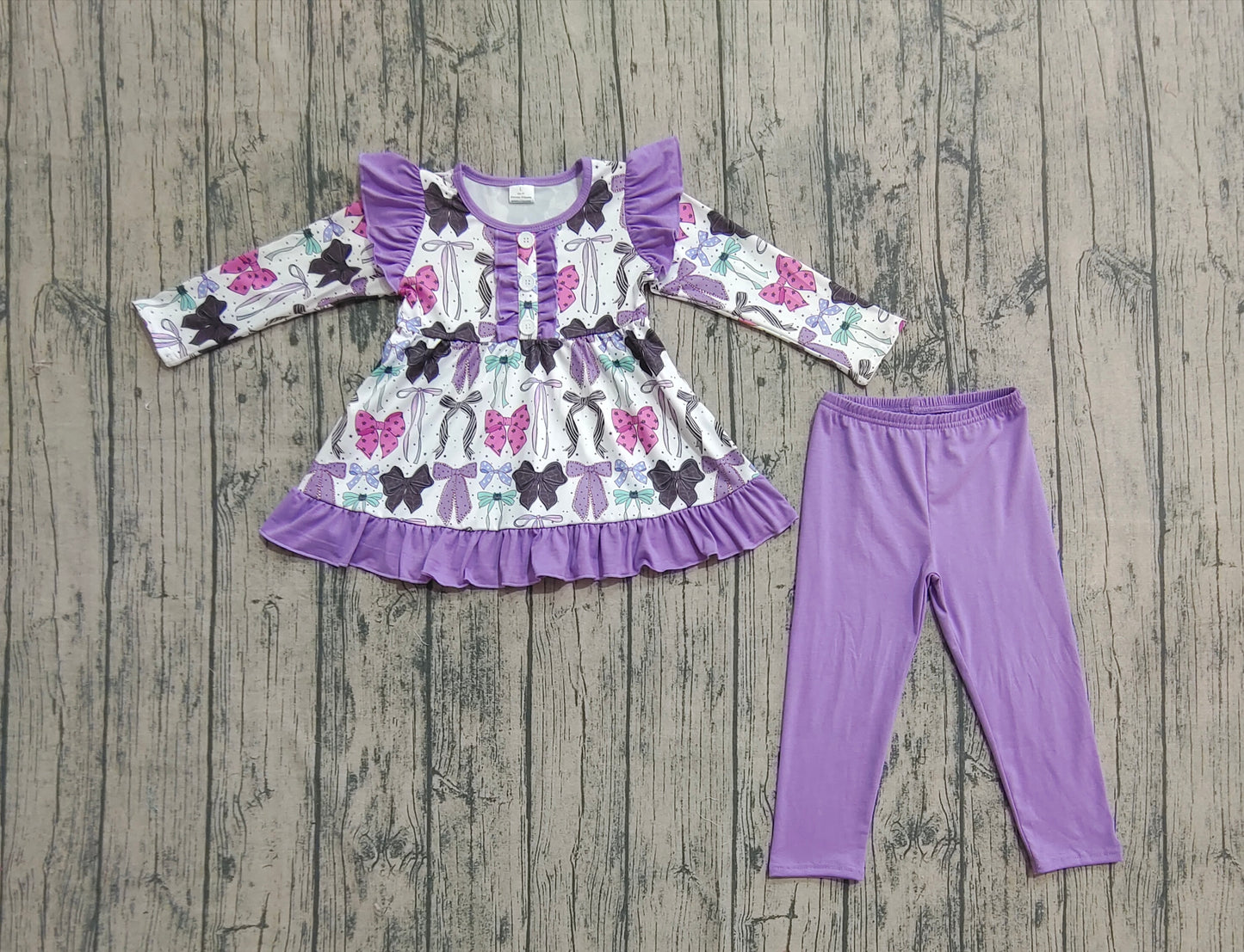 Baby Girls Long Sleeves Purple Bows Button Top Legging Pants Sets