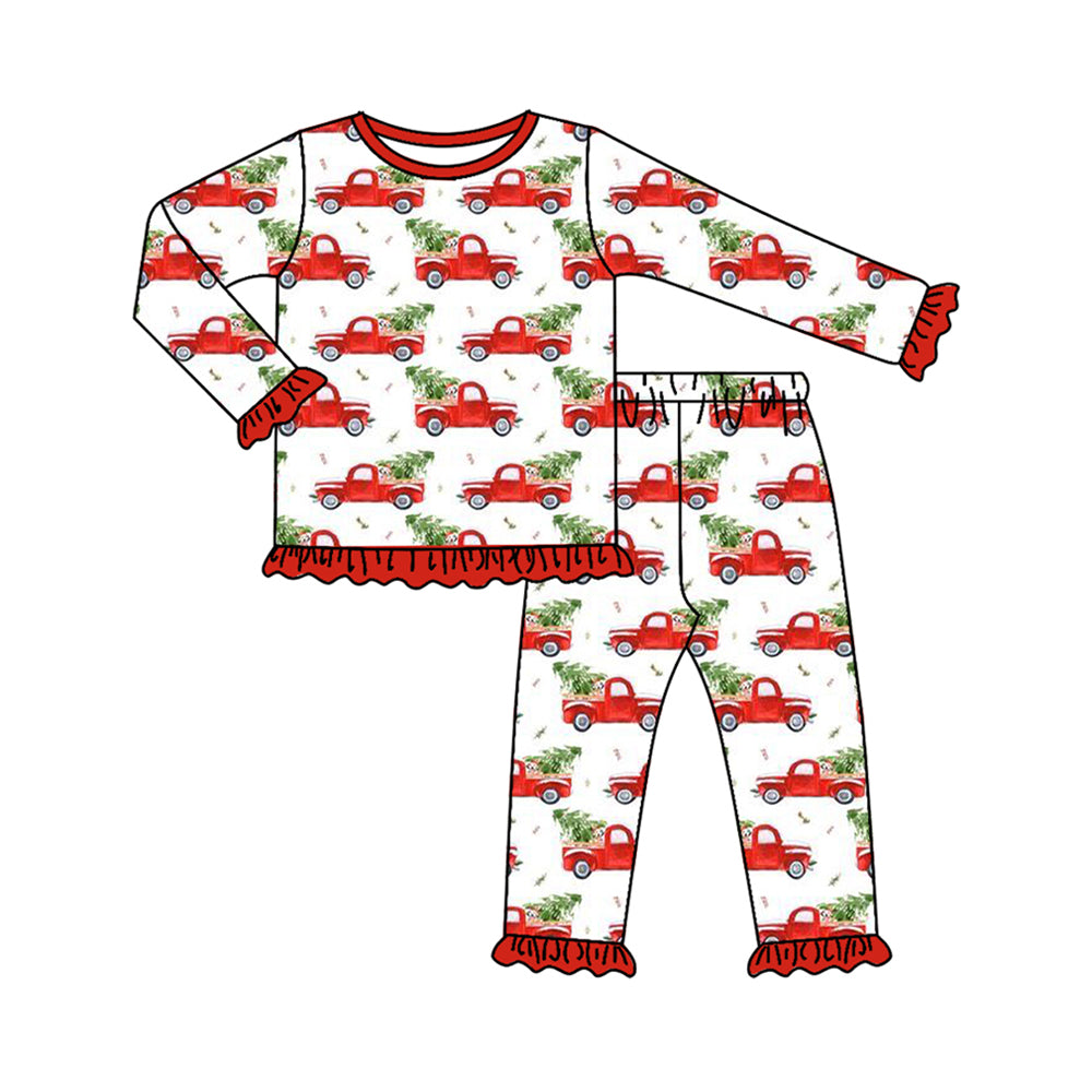 Baby Girls Long Ruffle Sleeves Car Trees Plaid Top Pant Pajamas Set Preorder