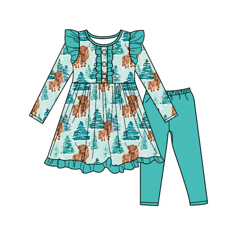 Baby Preorder moq 5 Baby Girls Highland Cows Trees Button Tunic Legging Pant Set