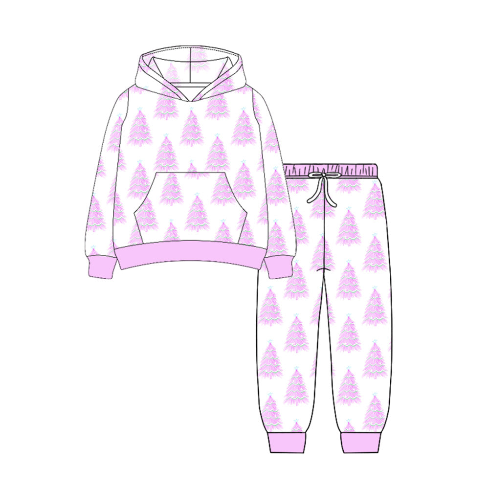 Baby Girls Long Sleeves Pink Trees Plaid Pocket Hoodies Legging Pants Set Preorder