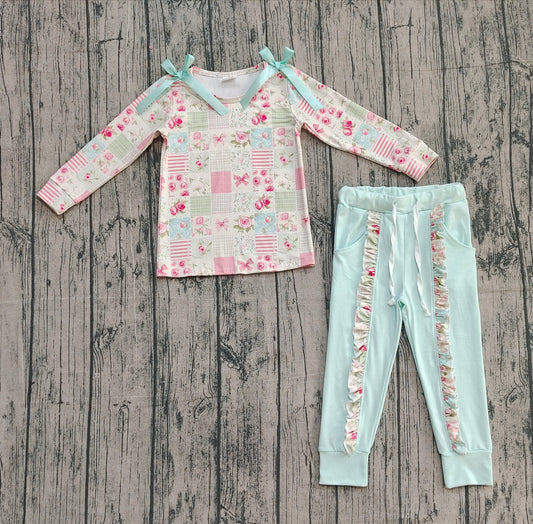 Baby Girls Flowers Checked Bows Top Ruffle Pockets Pants Clothes Sets