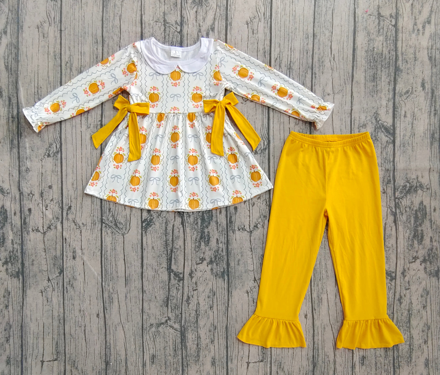 Baby Girls Yellow Pumpkins Bows Plaid Tunic Ruffle Pant Fall Set