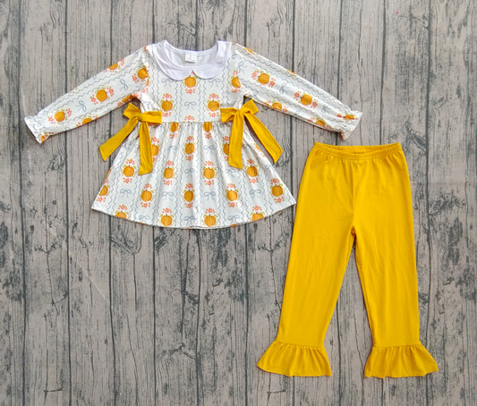 Baby Girls Yellow Pumpkins Bows Plaid Tunic Ruffle Pant Fall Set