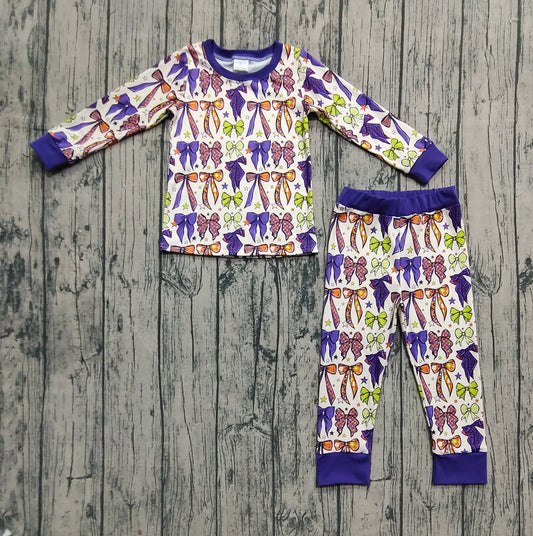 Baby Girls Purple Green Bows Stars Plaid Top Pant Pajamas Set