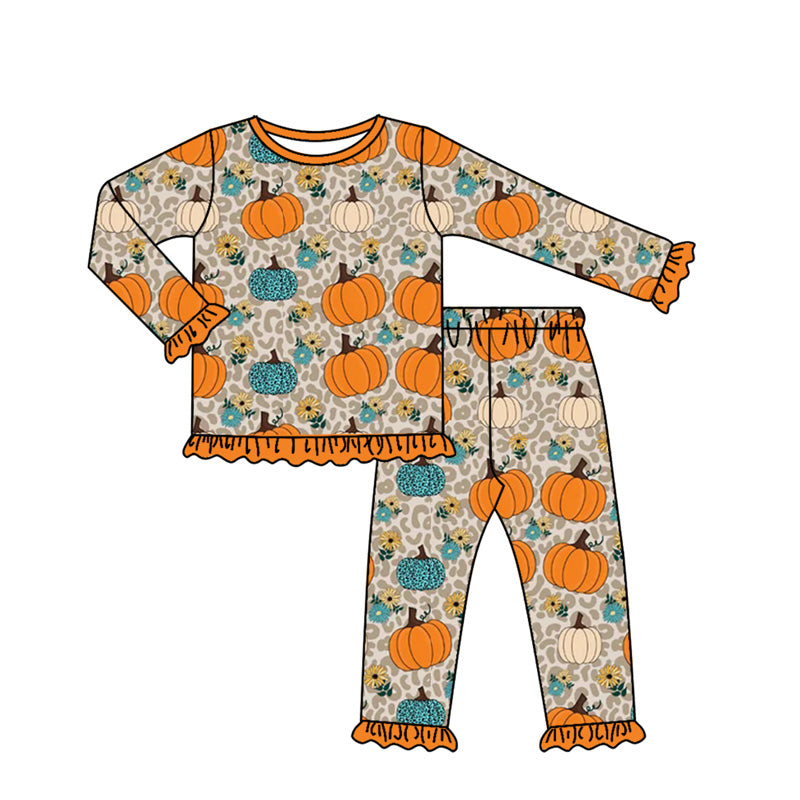 Baby Girls Long Ruffle Sleeves Leopard Pumpkins Flowers Top Pant Pajamas Set Preorder