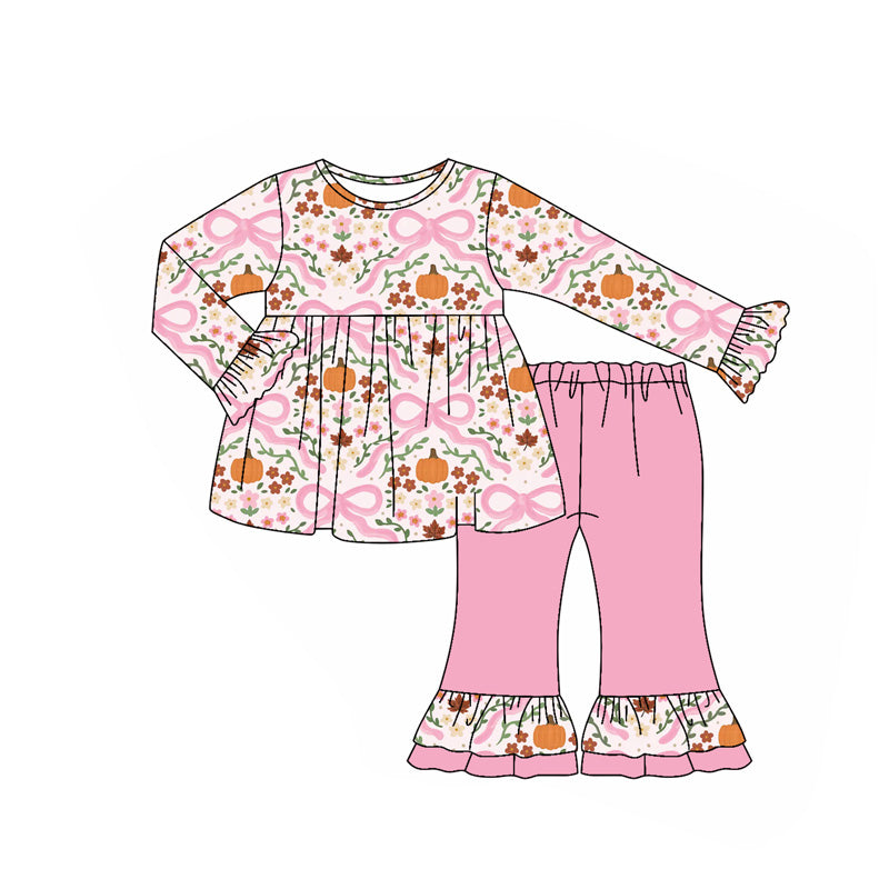 Preorder moq 5 Baby Girls Pink Bows Floral Pumpkins Tunic Flare Pant Fall Set