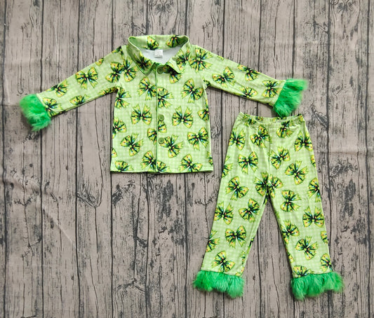 Baby Girls Fur Sleeve Green Bows Plaid Button Top Pant Christmas Pajamas Set