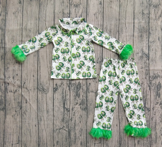 Baby Girls Fur Sleeves Green Bows Plaid Button Top Pant Christmas Pajamas Set