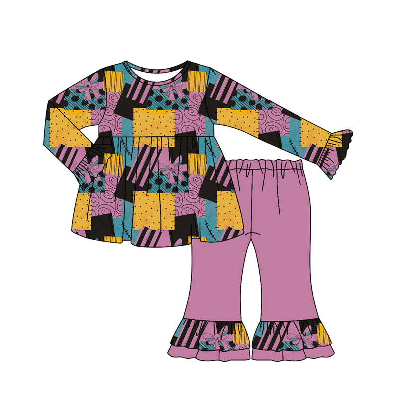Baby Girls Long Ruffle Sleeves Purple Bows Plaid Tunic Flare Pant Set Preorder
