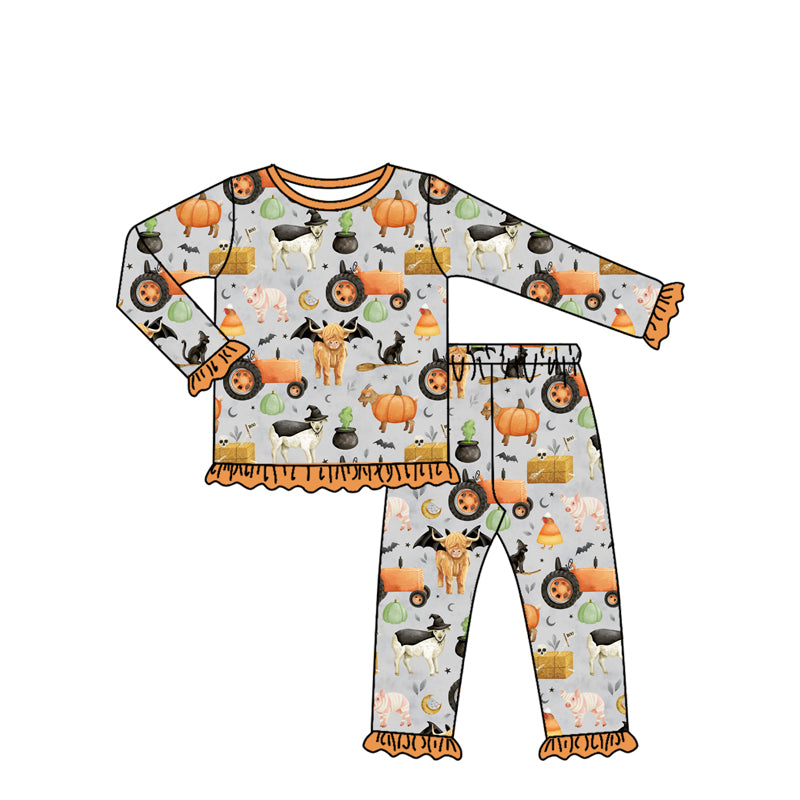 Baby Girls Long Ruffle Sleeves Bats Farm Pumpkins Top Pant Pajamas Set Preorder