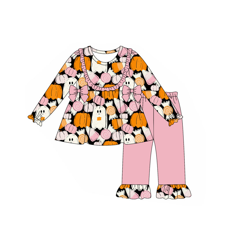 Preorder moq 5 Baby Girls Colorful Ghost Pumpkins Tunic Ruffle Pants Halloween Clothes Set