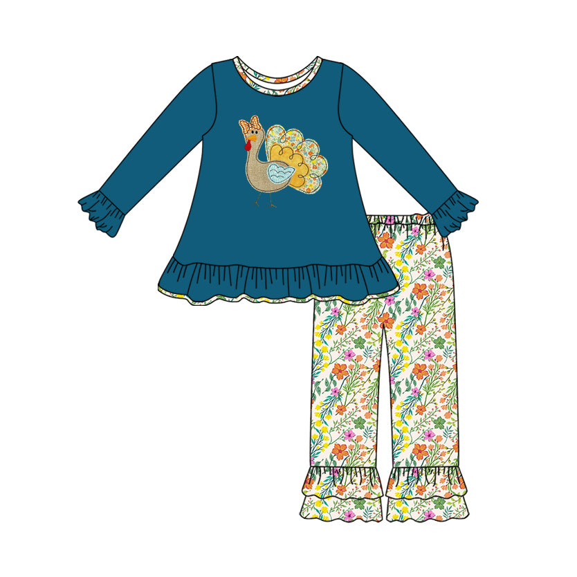 Baby Girls Long Sleeves Floral Turkey Tunic Ruffle Pants Set Preorder