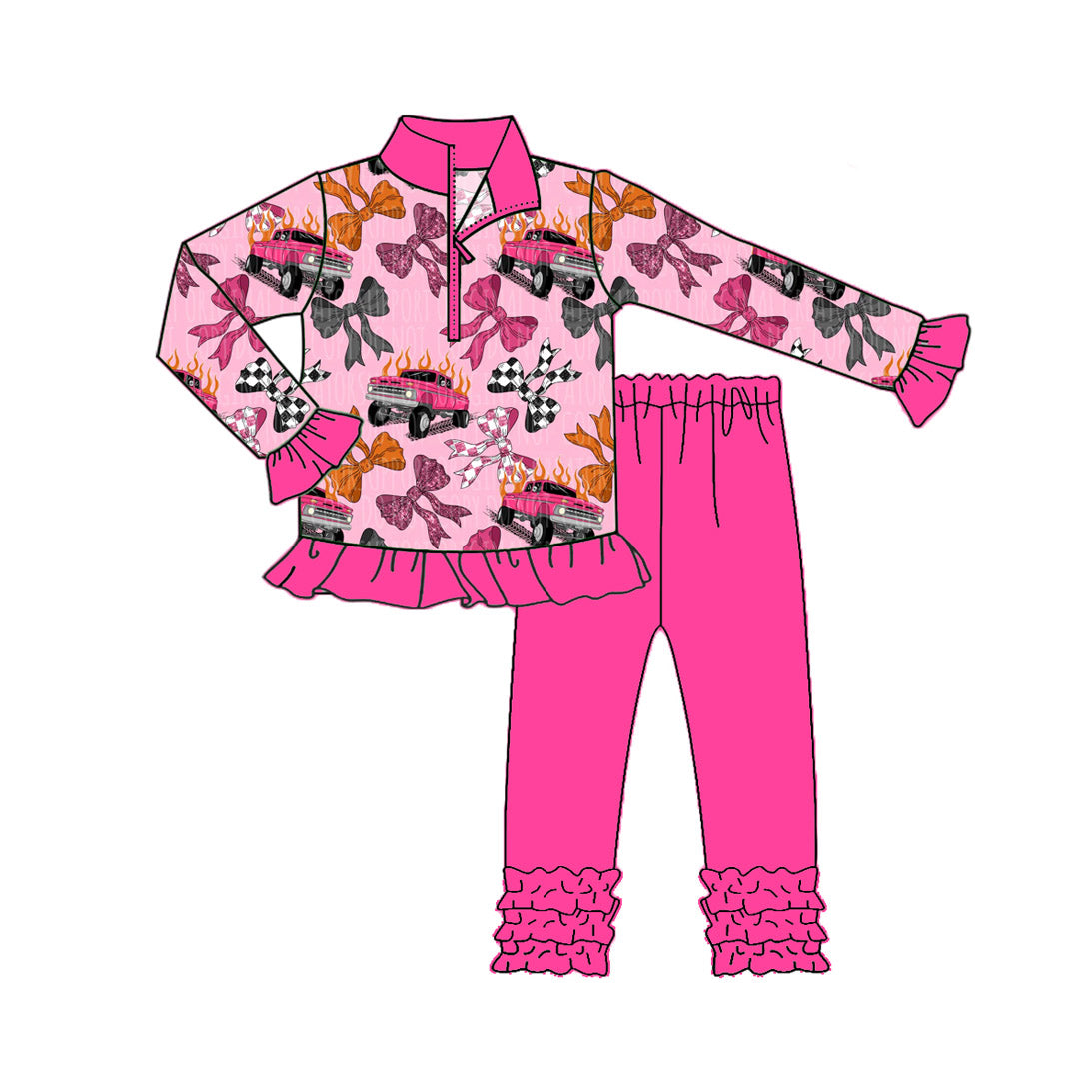 Baby Girls Long Ruffle Sleeves Bows Cars Plaid Zipper Top Legging Pant Set Preorder