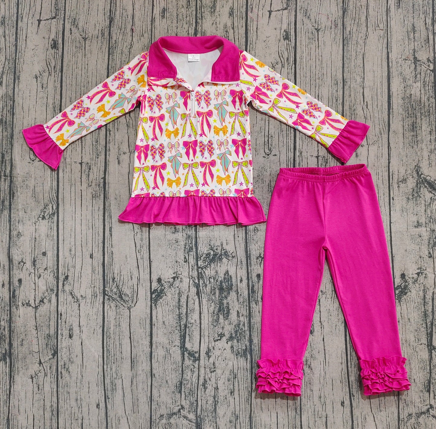 Baby Girls Long Ruffle Sleeves Pink Bows Stars Zipper Top Legging Pants Sets