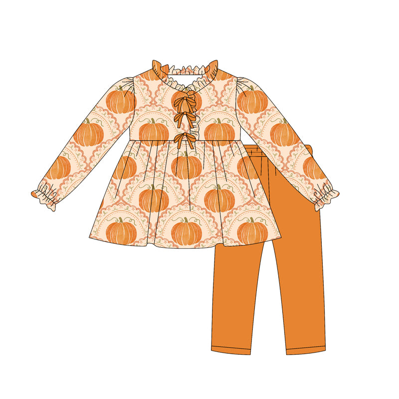 Baby Girls Long Ruffle Sleeves Pumpkins Plaid Tunic Legging Pants Set Preorder