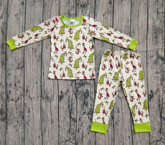 Baby Boys Christmas Trees Dogs Green Face Top Pant Pajamas Set