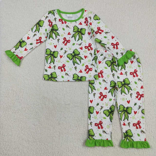 Sibling Baby Girls Christmas Green Red Bows Hearts Rompers Pajamas Sets
