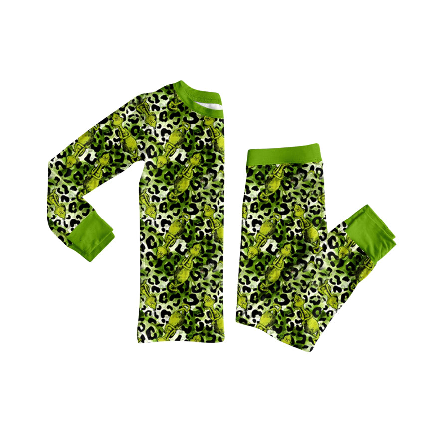 Preorder moq 5 Baby Girls Green Face Leopard Top Pants Christmas Pajamas Set