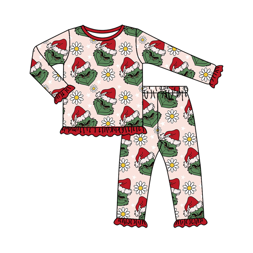 Baby Girls Christmas Green Face Flowers Top Pants Pajamas Set