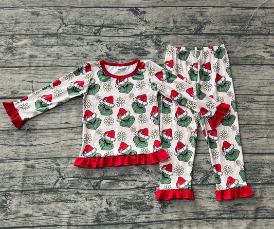 Baby Girls Christmas Green Face Flowers Top Pants Pajamas Set