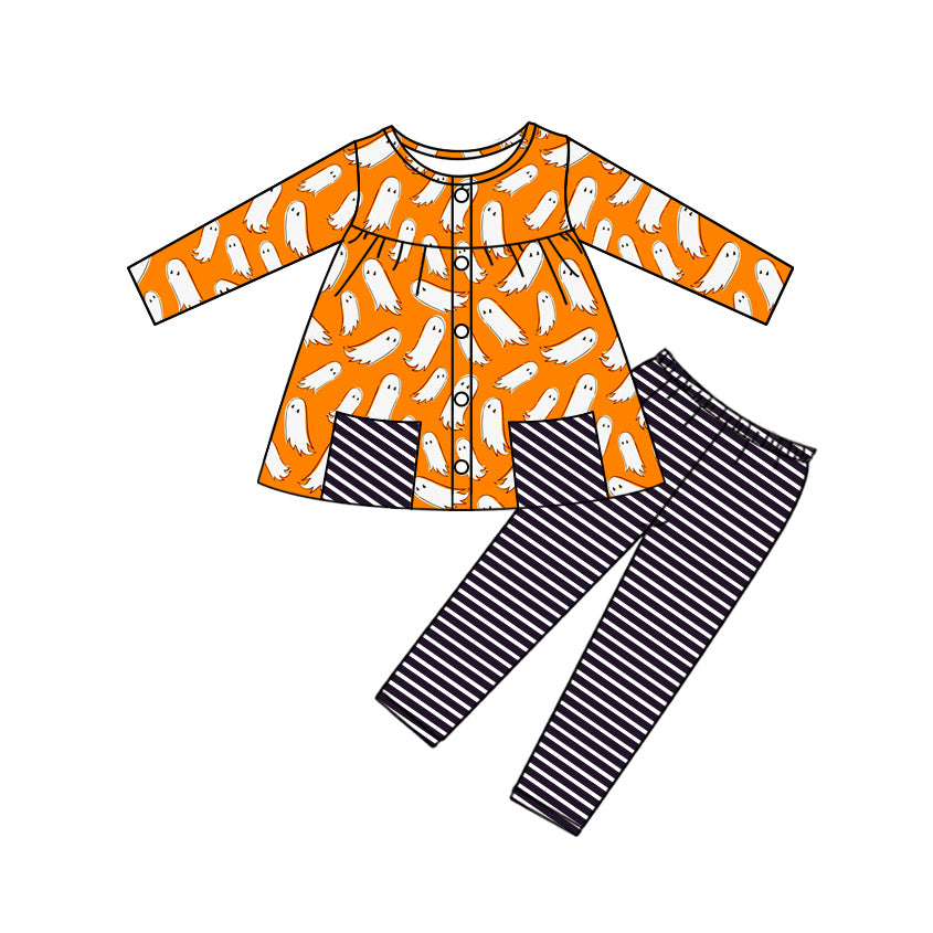 Baby Girls Orange Long Sleeves Ghosts Pockets Button Tunic Legging Pant Set Preorder
