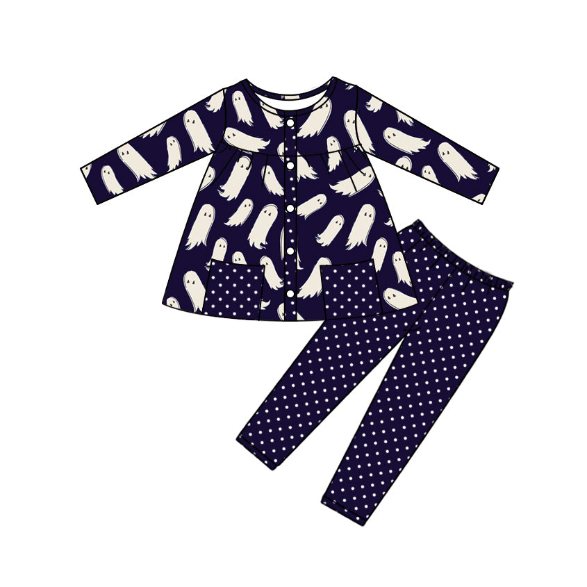 Baby Girls Navy Long Sleeves Ghosts Pockets Button Tunic Legging Pant Set Preorder