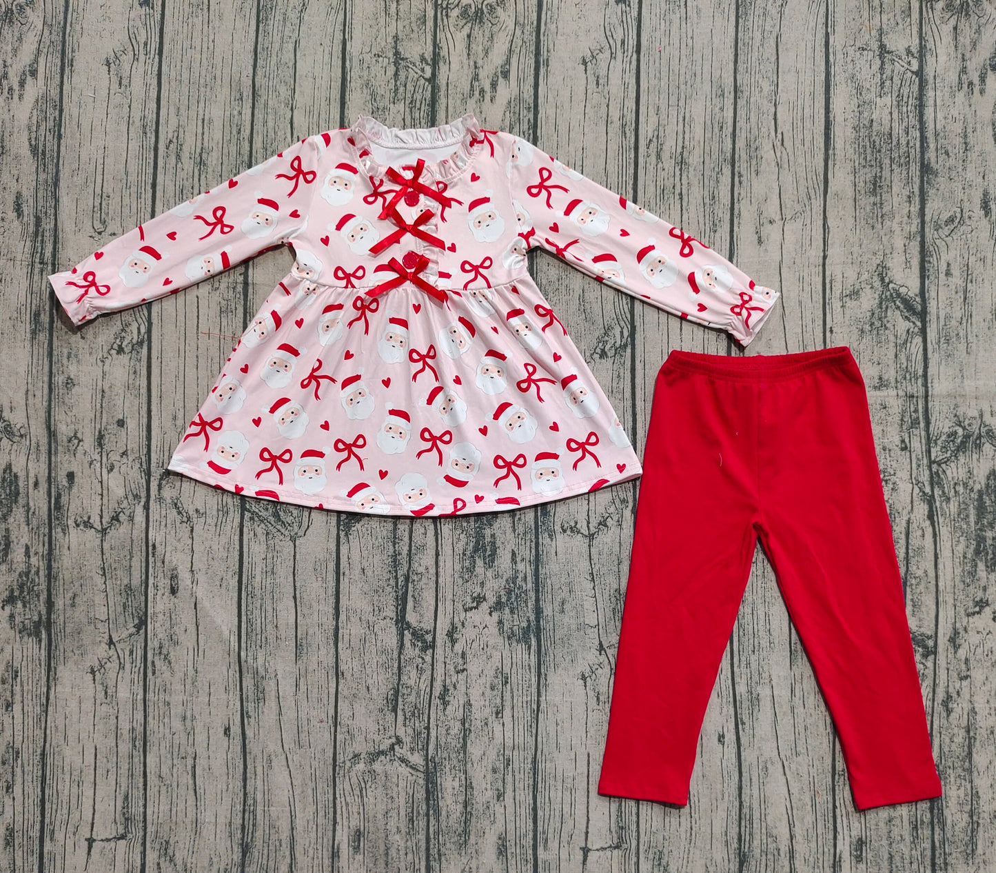 Baby Girls Red Bows Santa Button Tunic Legging Pant Christmas Clothes Set
