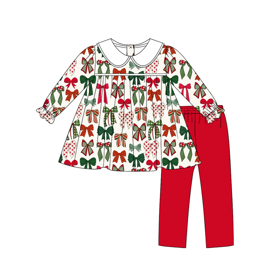 Baby Girls Long Ruffle Sleeves Green Red Bows Plaid Tunic Legging Pant Set Preorder