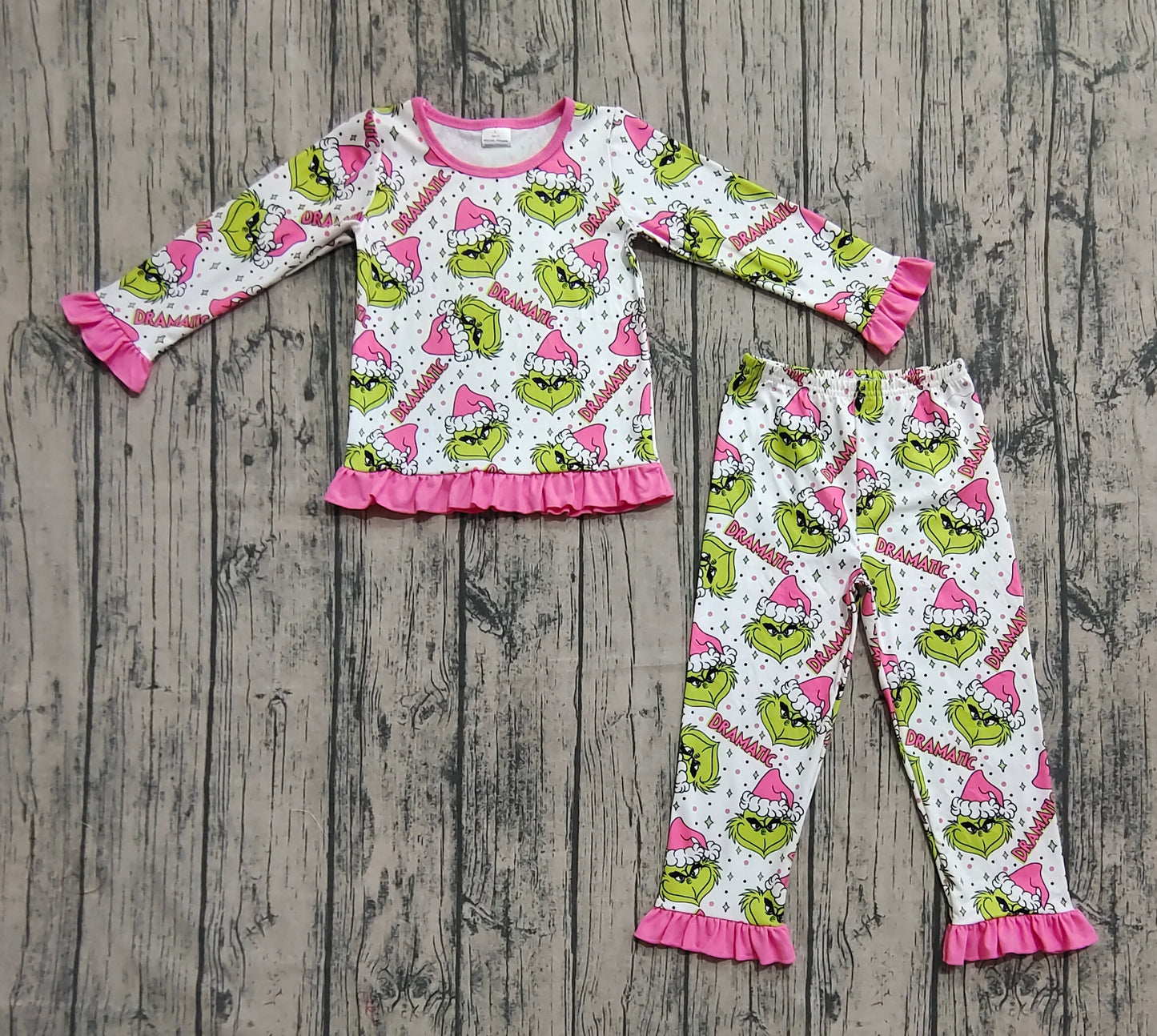 Baby Girls Green Face Stars Plaid Top Pant Christmas Pajamas Set Preorder