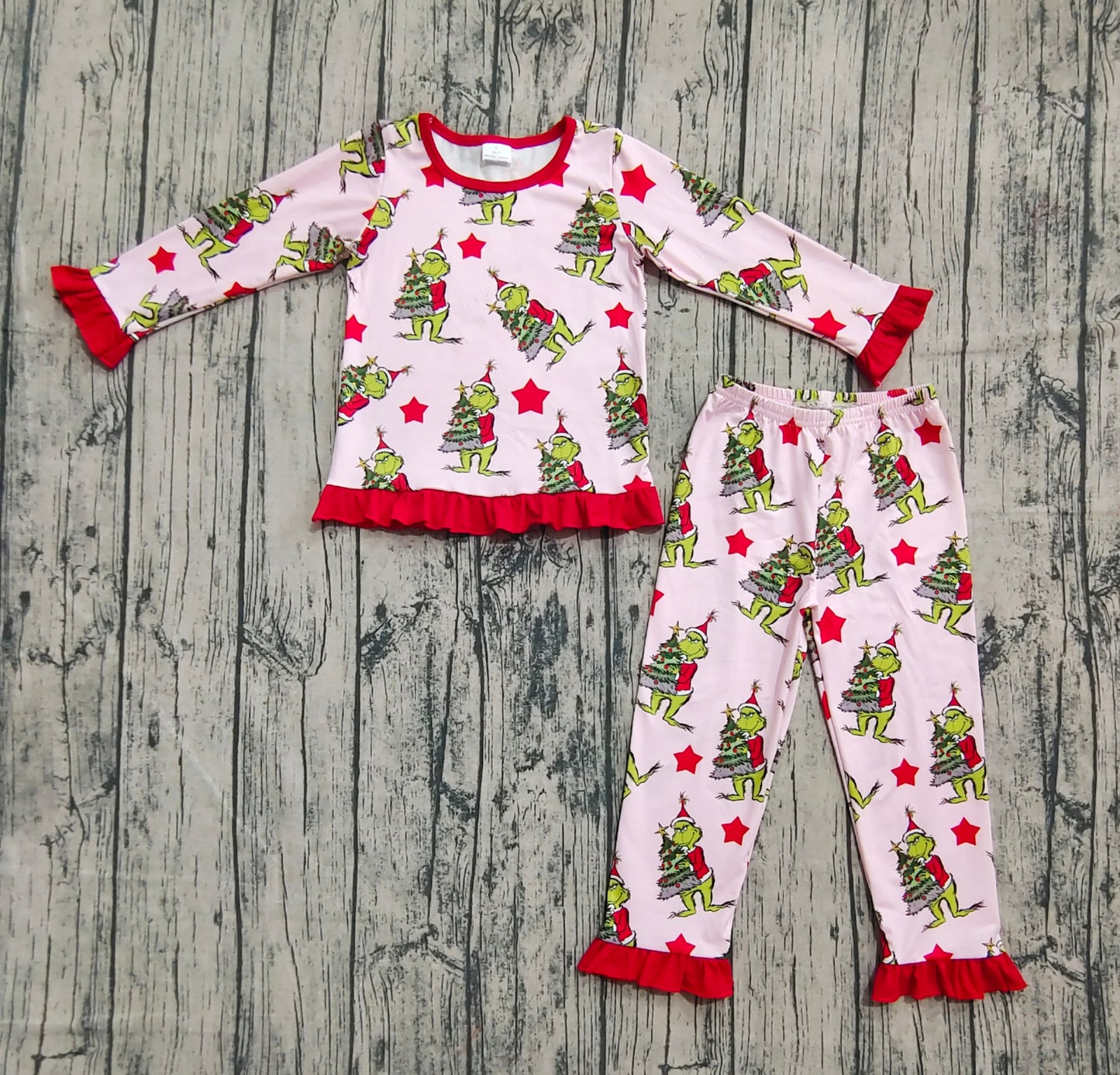 Baby Girls Christmas Green Face Trees Top Pants Pajamas Sets
