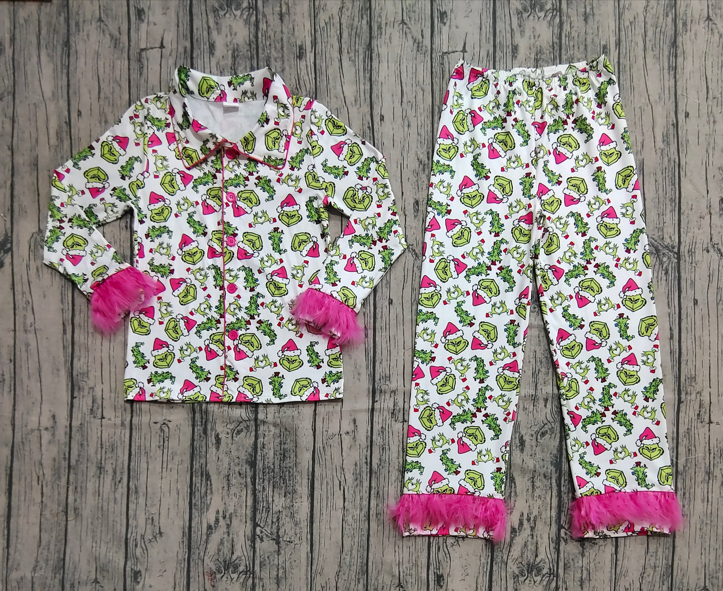 Adult Women Long Sleeves With Fur Green Face Button Top Pants Pajamas Sets