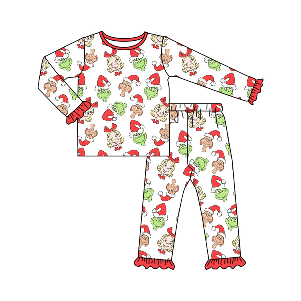 Baby Girls Cartoon Green Faces Top Ruffle Pant Christmas Pajamas Set Preorder