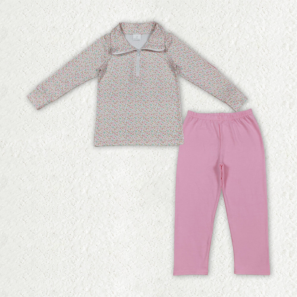 Baby Girls Pink Small Flowers Zip Pullovers Leggings Pants Clothes Sets