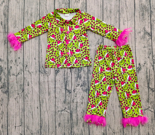 Baby Girls Christmas Green Face Leopard Button Top Pant Fur Pajamas Sets