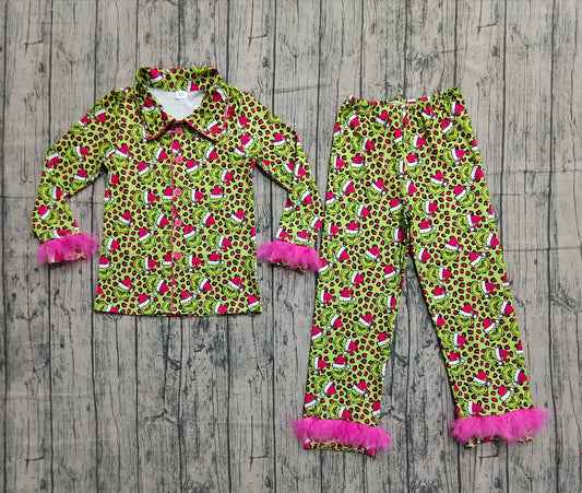 Adult Women Christmas Grin Leopard Button Top Pants Fur Sleeve Pajamas Set