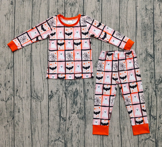 Baby Girls Ghosts Bats Plaid Top Pants Halloween Pajamas Set